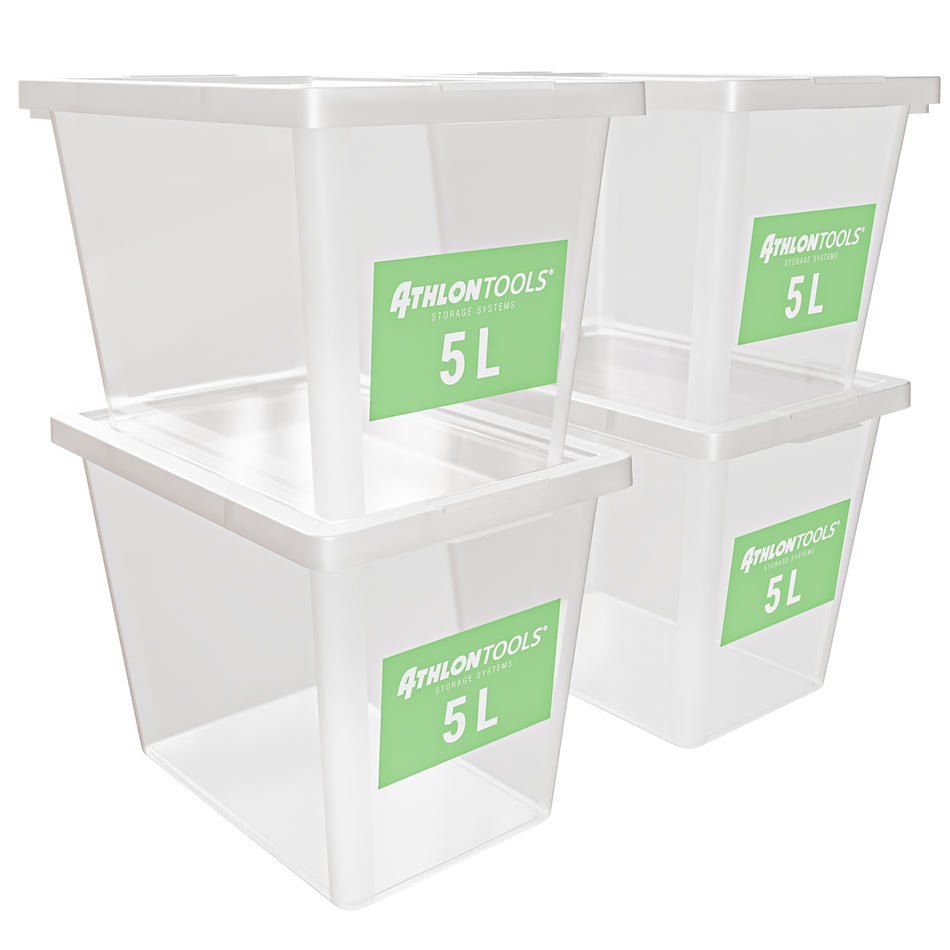 4x 5L Aufbewahrungsboxen mit Deckel lebensmittelecht – ohne Clips 1-Klick-Deckel – 100% Neumaterial Plastikbox transparent, stapelbar