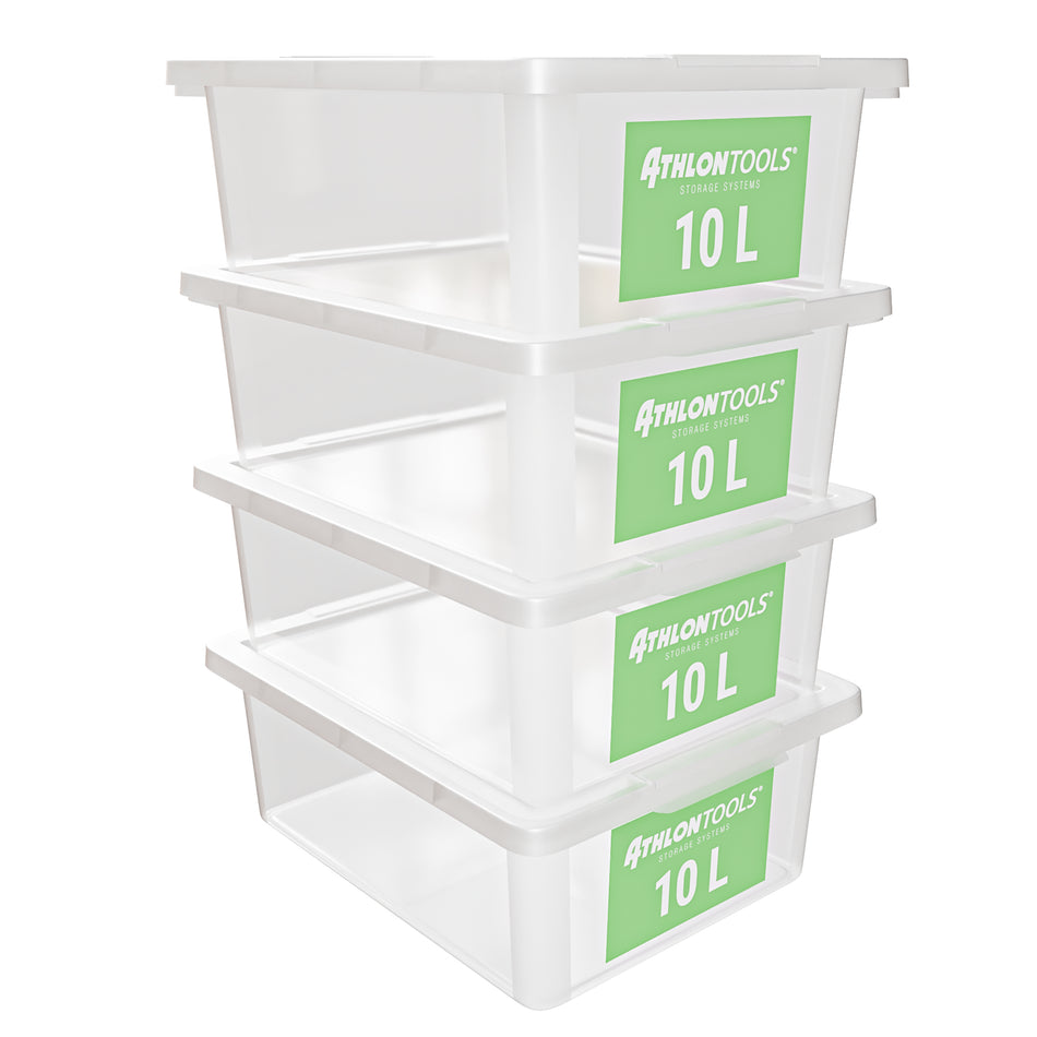 4x 10L Aufbewahrungsboxen mit Deckel lebensmittelecht – ohne Clips 1-Klick-Deckel – 100% Neumaterial Plastikbox transparent, stapelbar