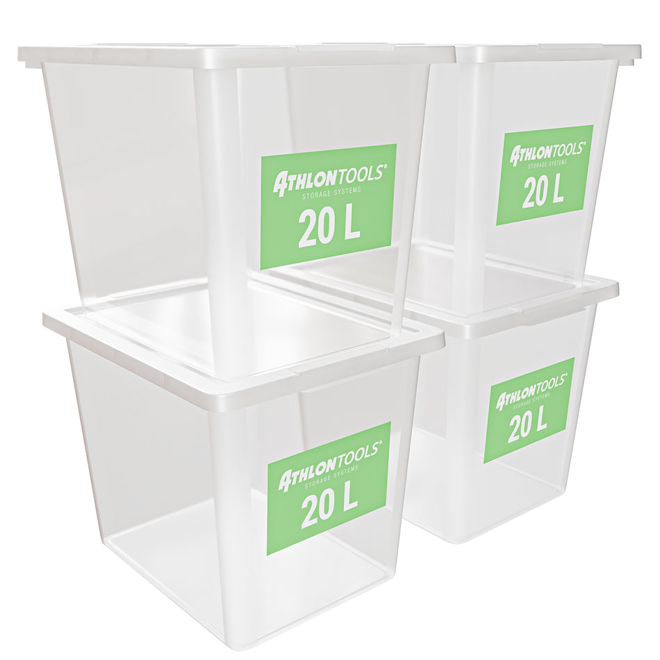 4x 20L Aufbewahrungsboxen mit Deckel lebensmittelecht – ohne Clips 1-Klick-Deckel – 100% Neumaterial Plastikbox transparent, stapelbar