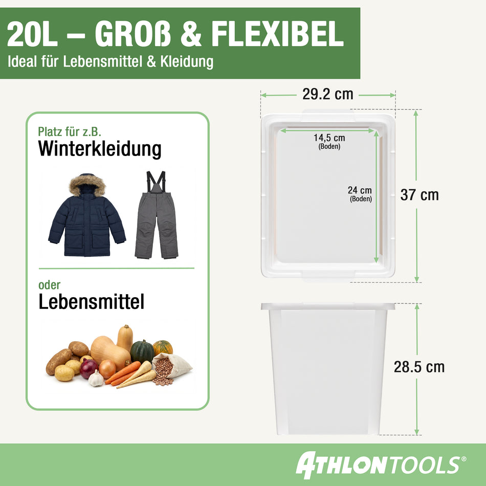 4x 20L Aufbewahrungsboxen mit Deckel lebensmittelecht – ohne Clips 1-Klick-Deckel – 100% Neumaterial Plastikbox transparent, stapelbar