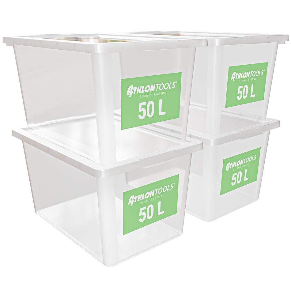 4x 50L Aufbewahrungsboxen mit Deckel lebensmittelecht – ohne Clips 1-Klick-Deckel – 100% Neumaterial Plastikbox transparent, stapelbar