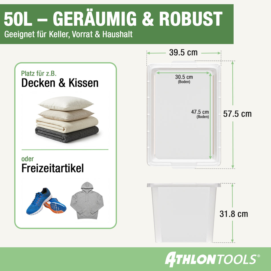 4x 50L Aufbewahrungsboxen mit Deckel lebensmittelecht – ohne Clips 1-Klick-Deckel – 100% Neumaterial Plastikbox transparent, stapelbar