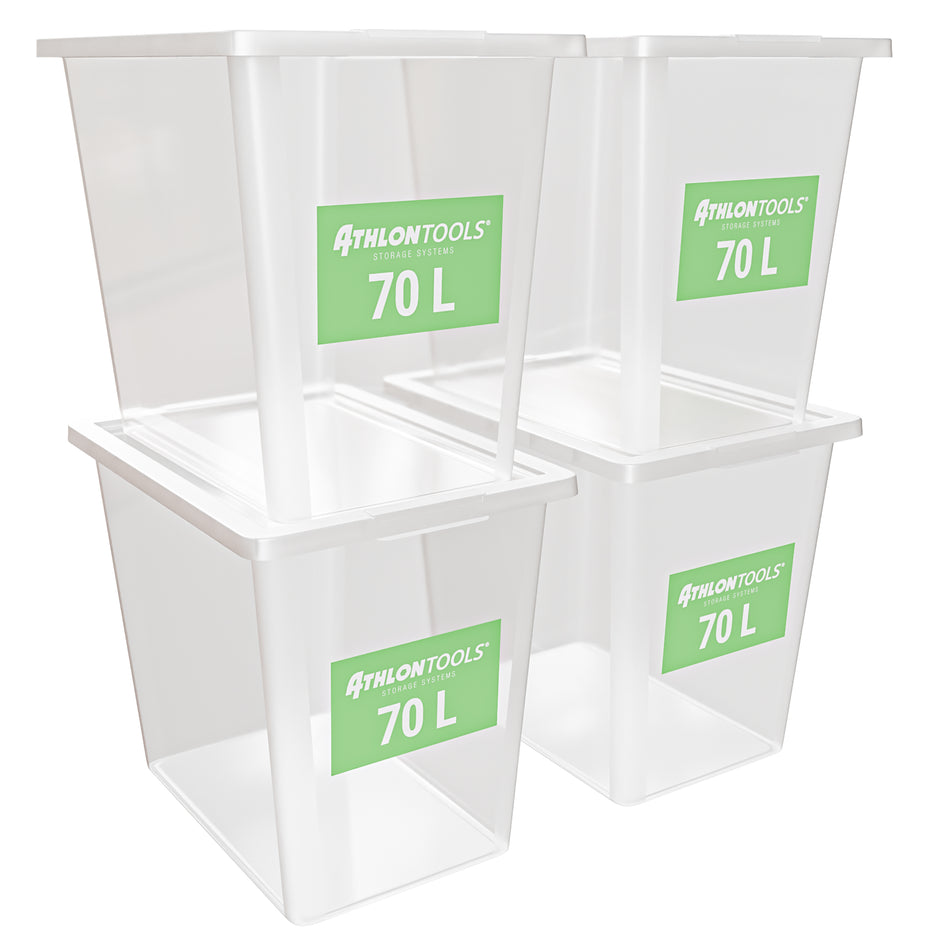 4x 70L Aufbewahrungsboxen mit Deckel lebensmittelecht – ohne Clips 1-Klick-Deckel – 100% Neumaterial Plastikbox transparent, stapelbar