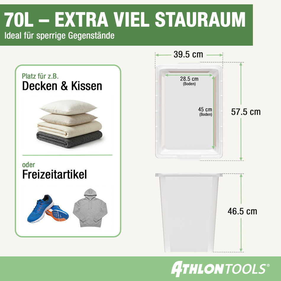 4x 70L Aufbewahrungsboxen mit Deckel lebensmittelecht – ohne Clips 1-Klick-Deckel – 100% Neumaterial Plastikbox transparent, stapelbar